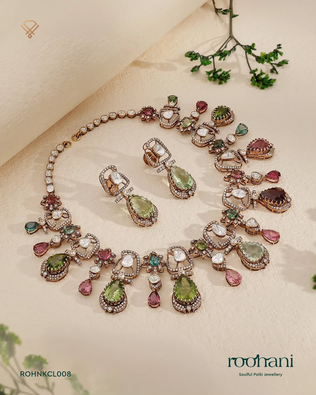 Bridal gold necklace with kundan and emerald drops — AGN Gold & Diamonds